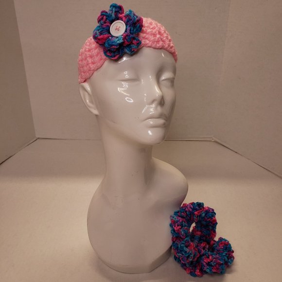 Woman's Handmade Crochet 2 Scrunchies and Flower Headband Bubblegum Multicolor - Picture 2 of 12